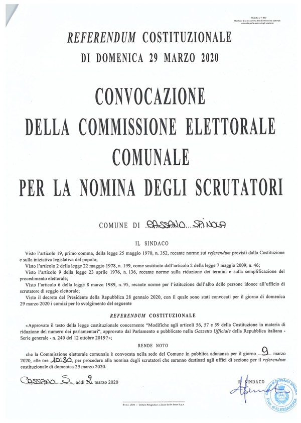 CONVOCAZIONE DELLA COMMISSIONE ELETTORALE COMUNALE PER LA NOMINA DEGLI SCRUTATORI 