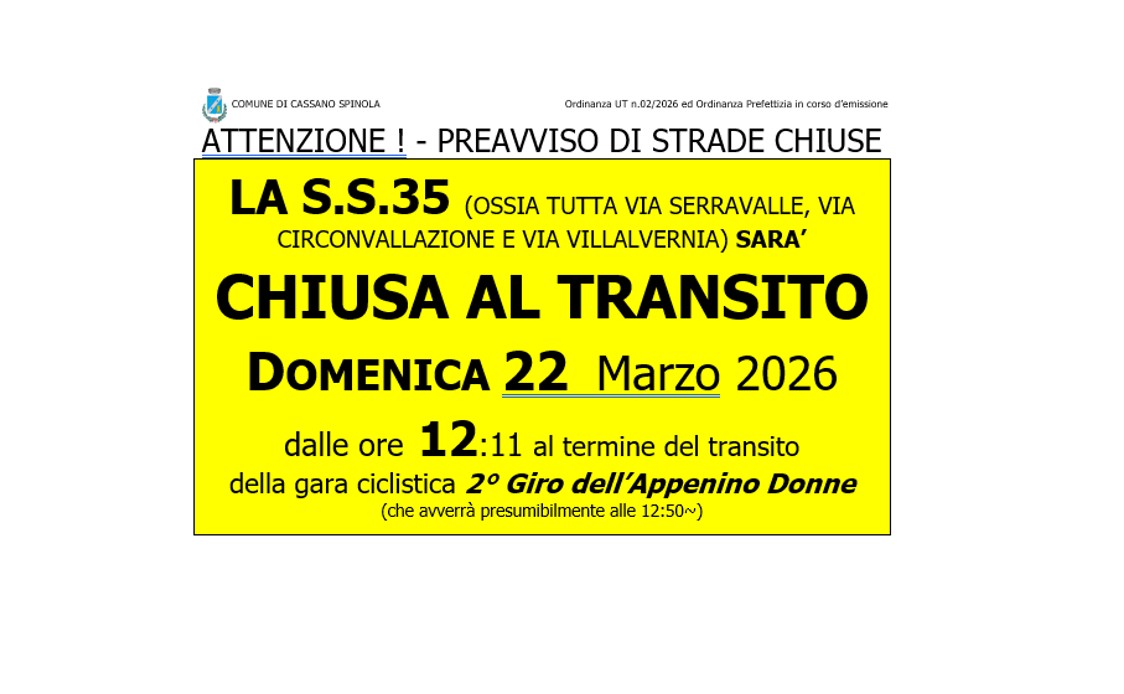 Avviso di chiusura al transito della S.S. 35