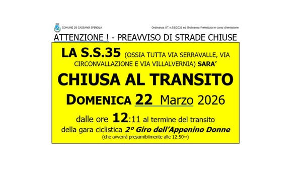 Avviso di chiusura al transito della S.S. 35