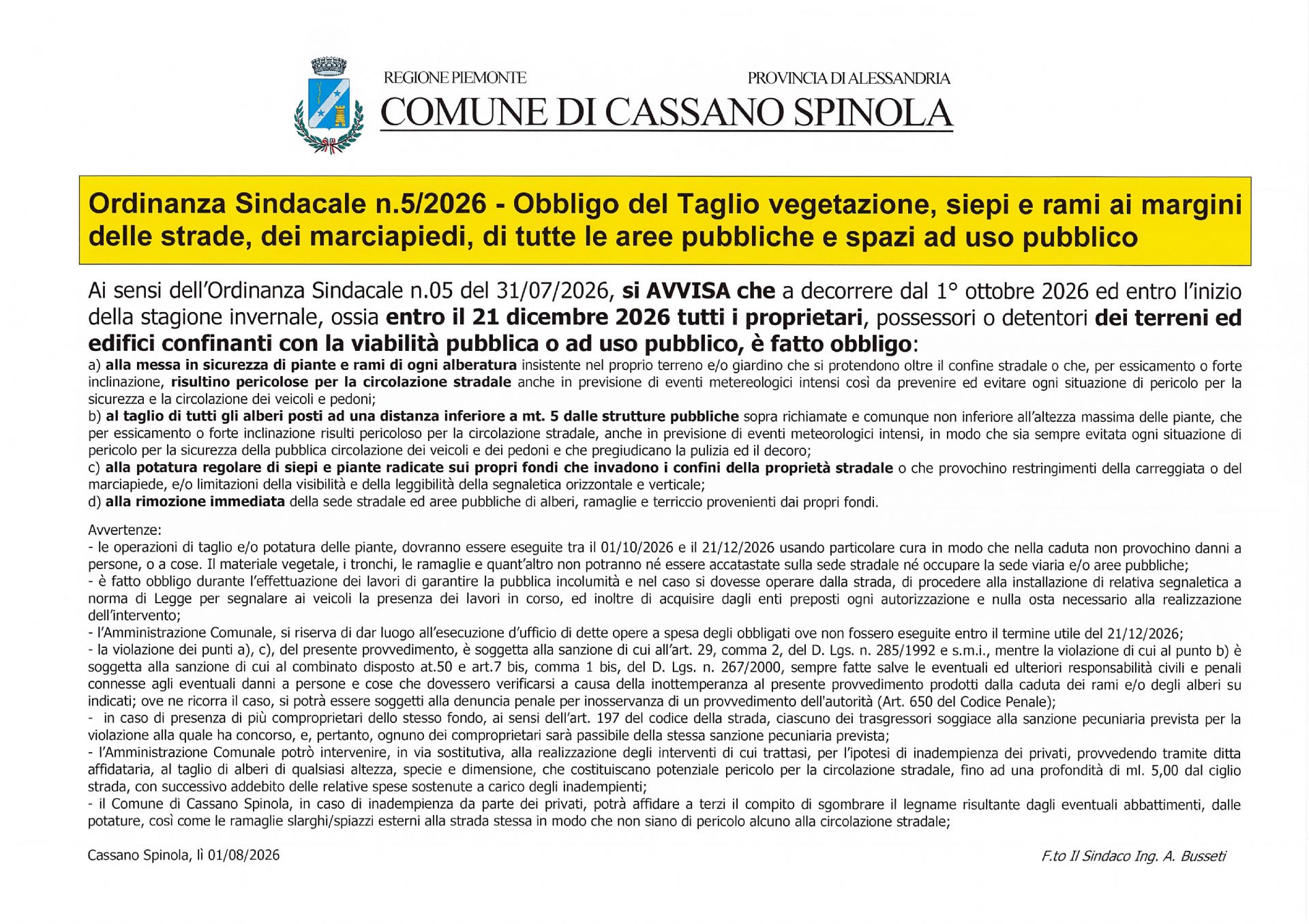 Manifesto stralcio Ordinanza Sindacale n.5/2026